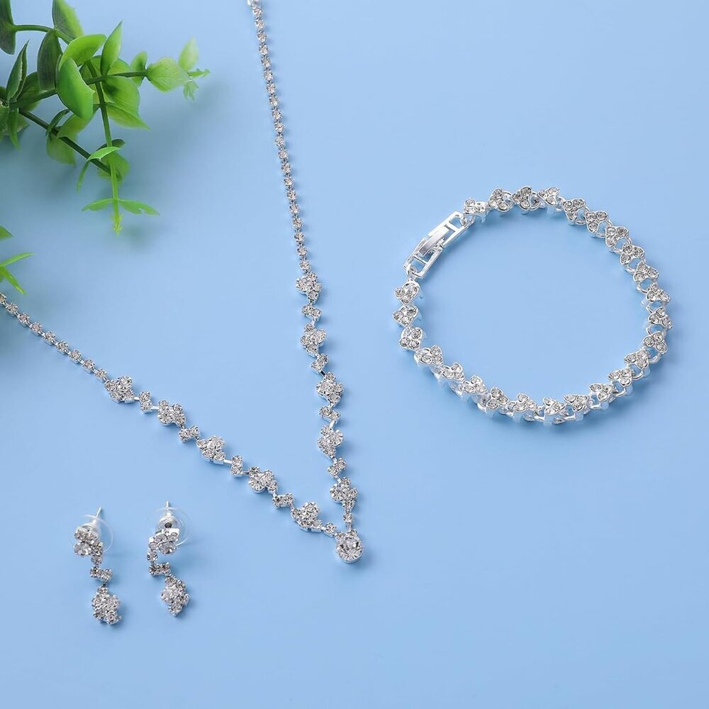Bridal Jewelry Set for Wedding, Elegant Rhinestone Necklace Earrings Bracelet fo - Picture 4 of 7